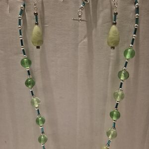 Green and Blue Beaded Necklace and Earring Set